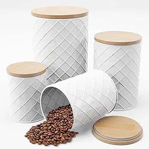 Pebble & Stem® White Metal Canister Set for the Kitchen Counter, Food Canister Set of 4, Airtight Lids, Sugar and Flour Containers for Countertops, Coffee and Tea Storage, Farmhouse Decor