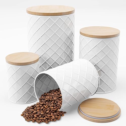 Pebble & Stem White Metal Canisters Sets for the Kitchen Counter, Kitchen Canisters Set of 4, Airtight Lids, Sugar and Flour Containers for Countertop, Coffee and Tea Storage, Farmhouse Decor
