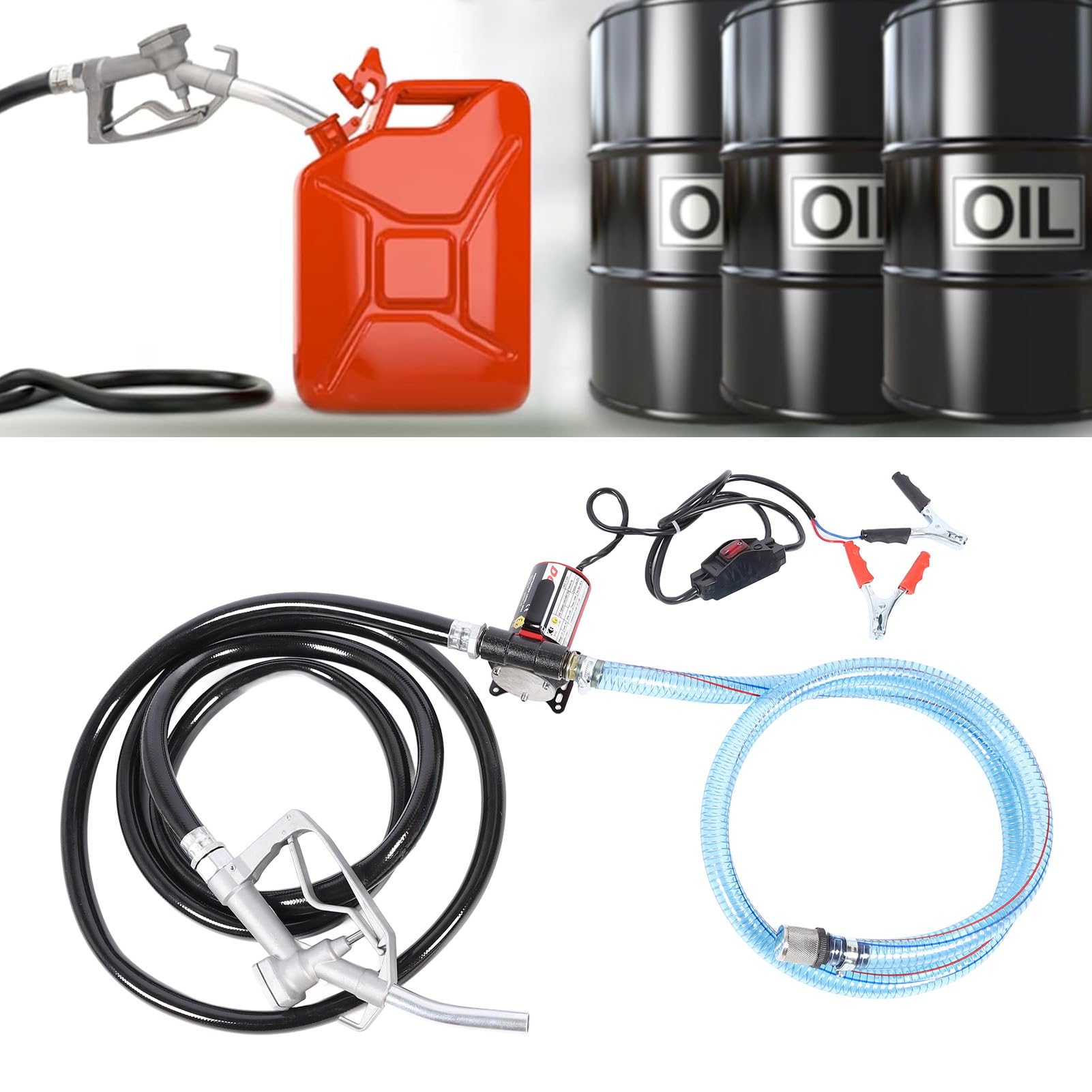 Elektryczna Pompa Olejowa 12 V, 30 L/min, 3200 Obr./min | Samozasysająca pompa transferowa z wężem wylotowym o długości 3,1 stopy, wężem wlotowym o długości 6,6 stopy, filtrem