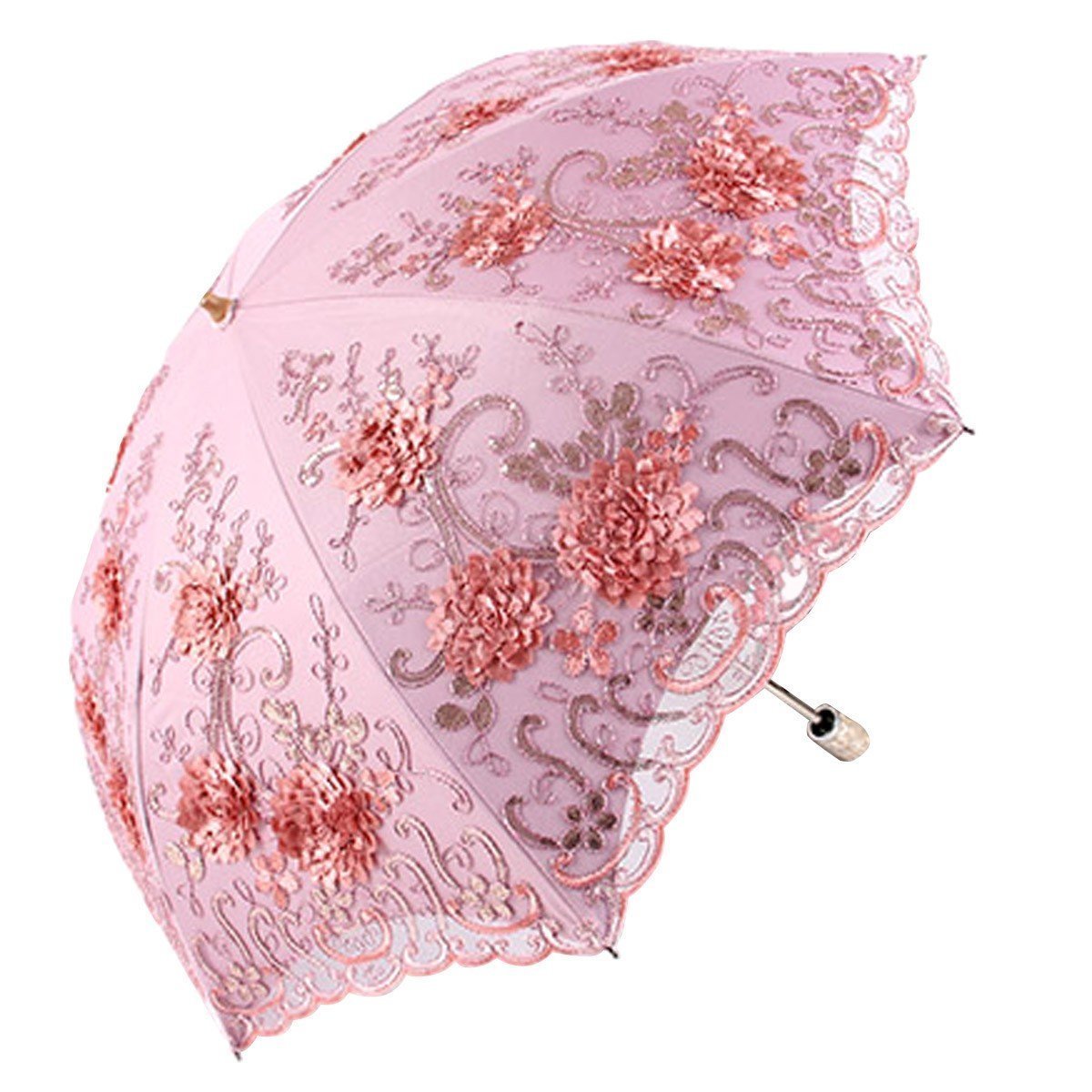 Vintage Lace UV Sun Parasol Folding 3D Flower Embroidery Umbrella