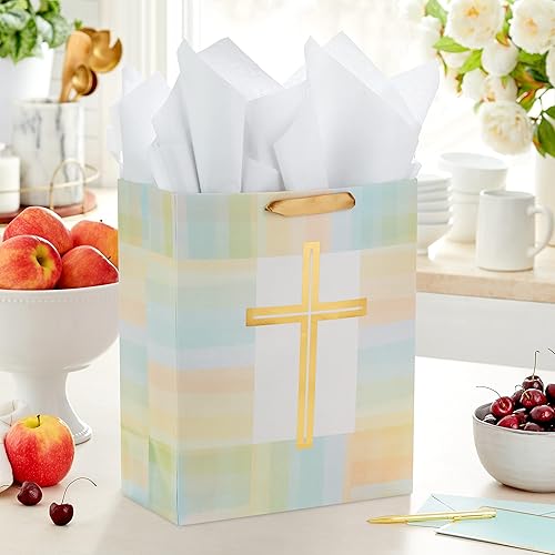 Miniatura 2 de Hallmark Bolsa de regalo grande de 13 pulgadas con papel de seda (cruz dorada, verde, amarillo) para Pascua, primera comunión, confirmación, bodas,