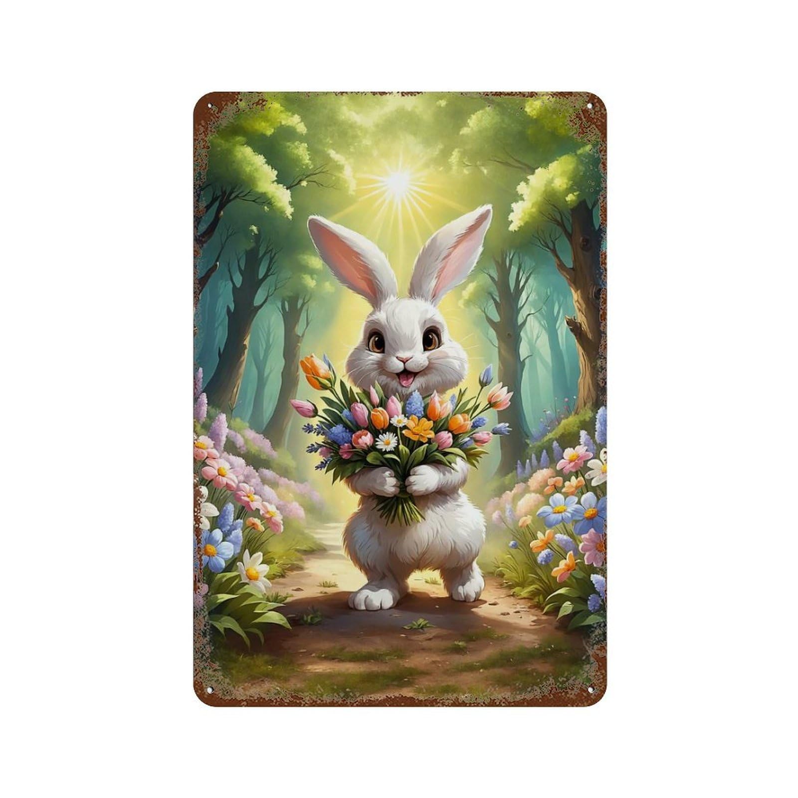 Cute Bunny with Flowers in Forest Aged Metal Wall Plaque 11.8"x7.9", for Office, Studio And Wall Decor, Novelty Wall Decor