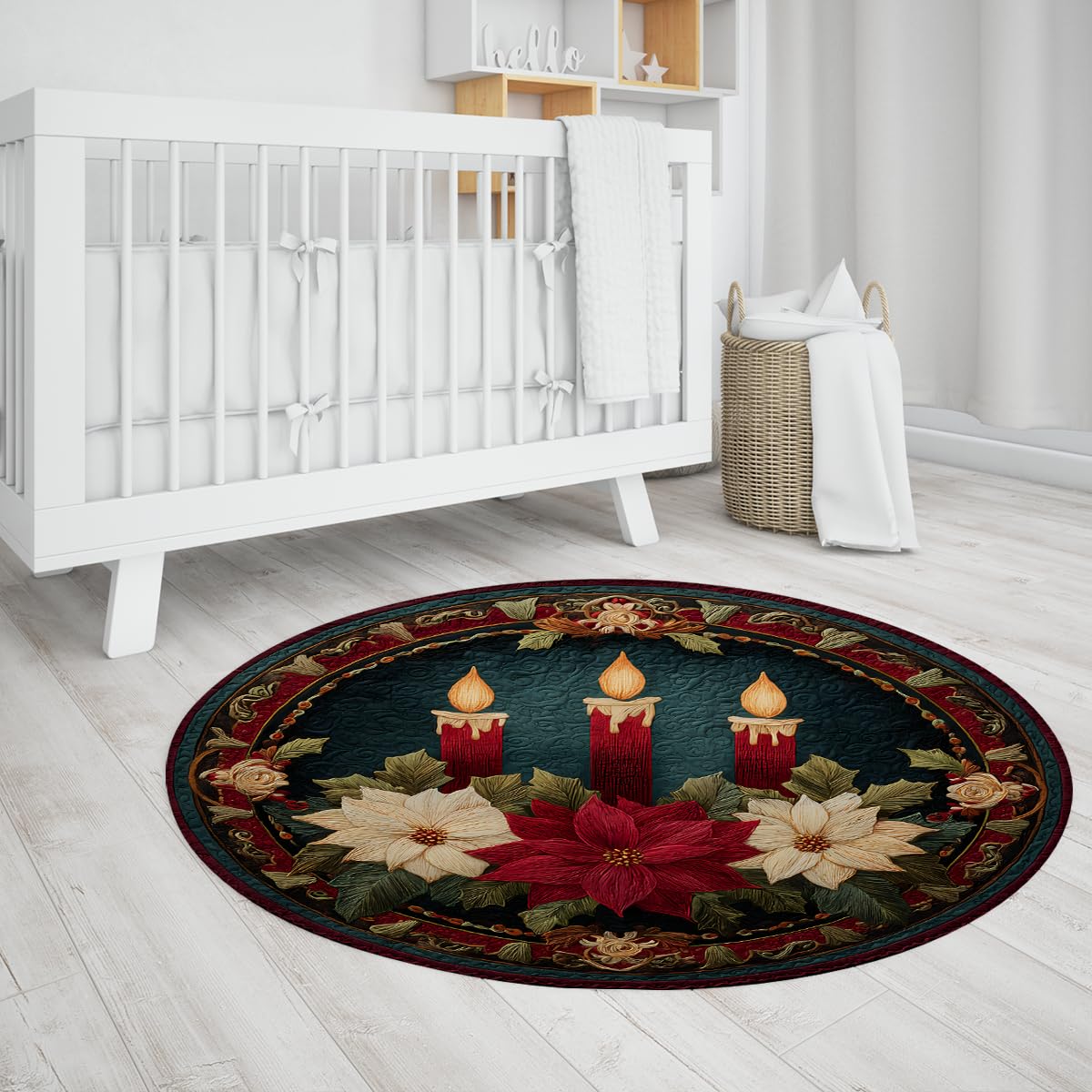 Przytulny świąteczny okrągły dywan 200 cm Vintage Boże Narodzenie świeca i okrągłe dywany poinsettia nadające się do prania cienkie maty do kuchni jadalni