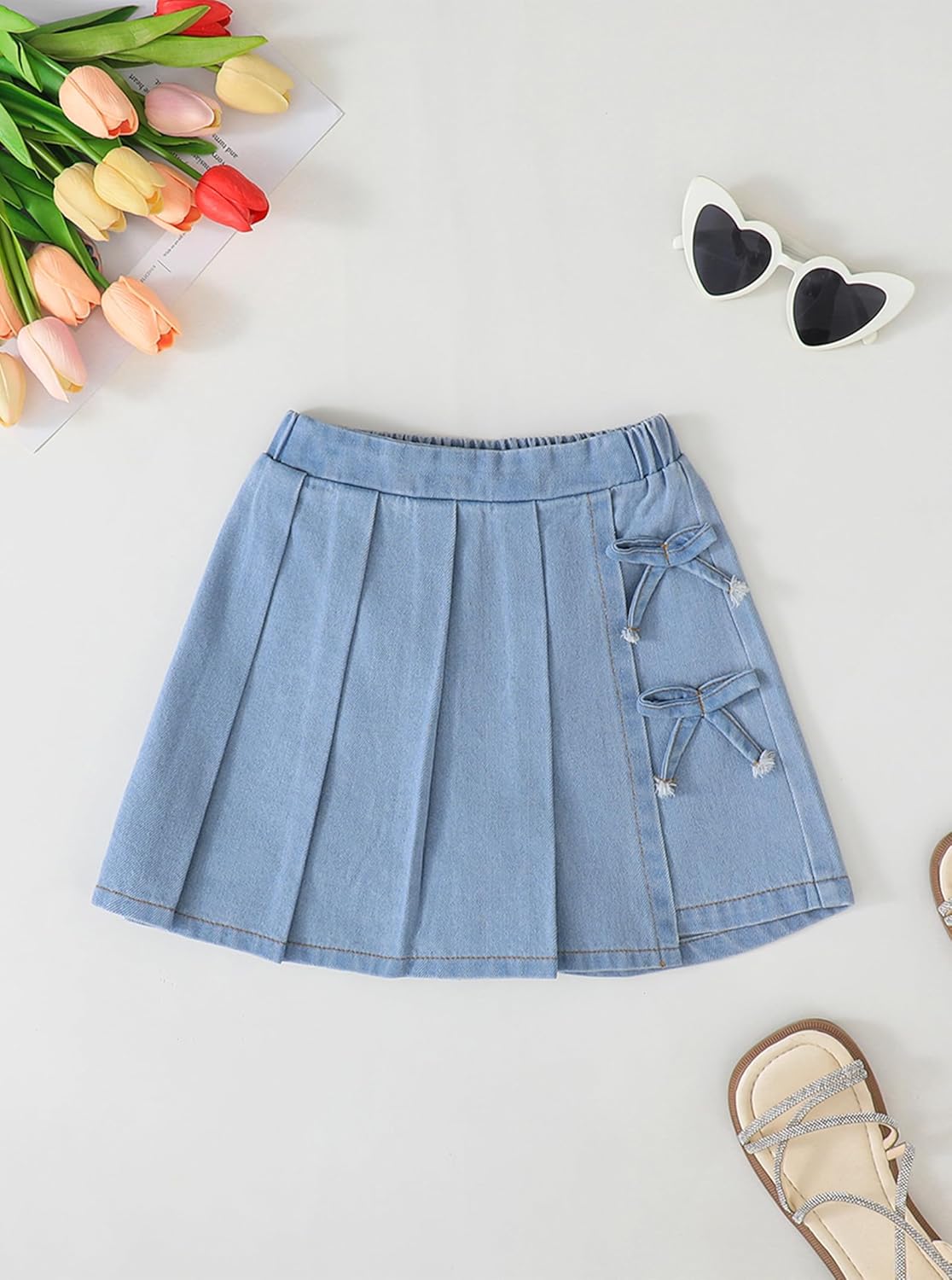 Girls Jean Skirt Cute Summer Elastic Waist Bow Denim Pleated Mini Skort - Image 2