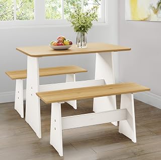3-Piece Dining Table with 2 Bench Chair Set Solid Pine Wooden Breakfast Nook Kitchen Corner, Space-Saving 2-4 Seat Farmhouse Country Style for Living Room White Wood