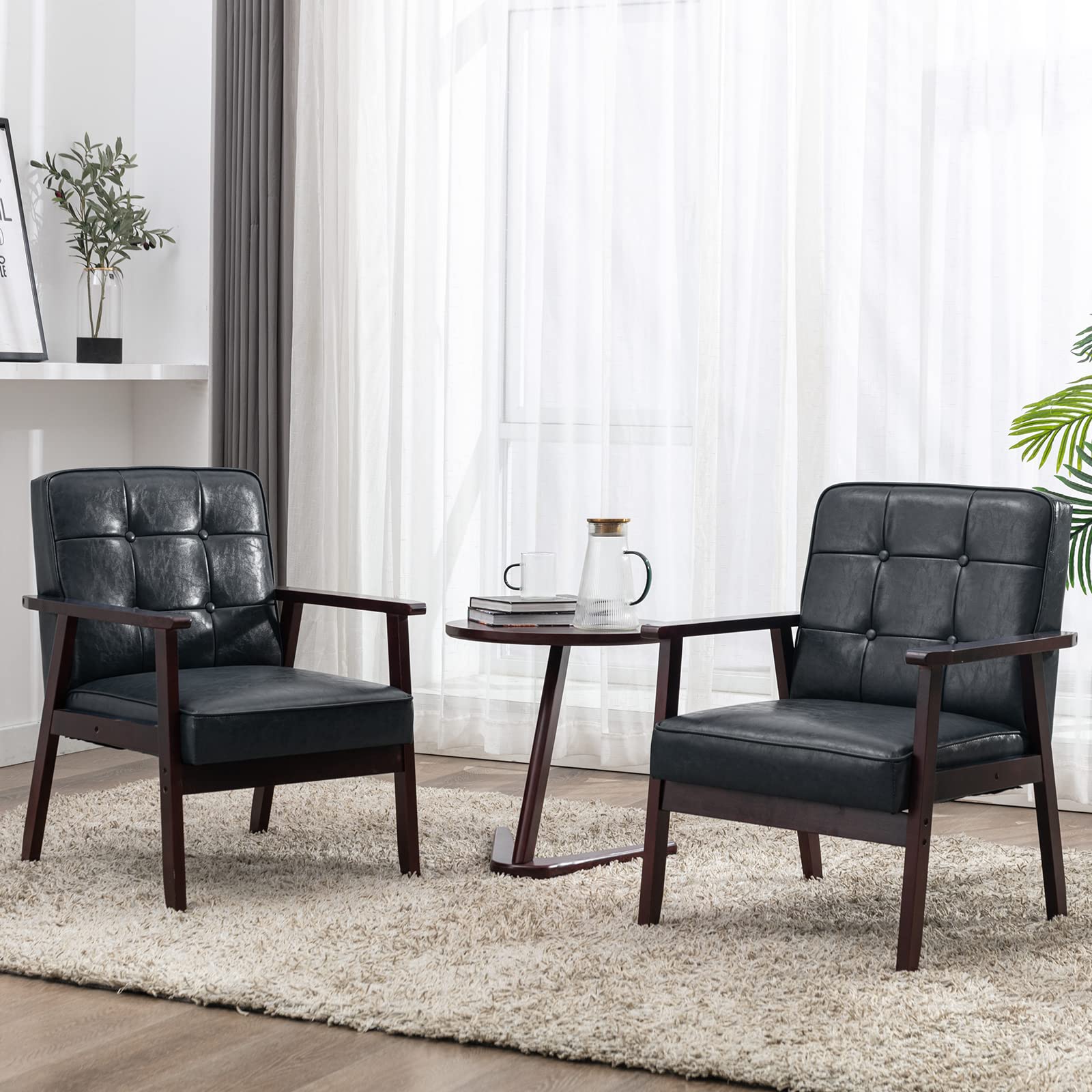 Okeysen Accent Chairs Set of 2, Mid Century Modern Accent Chair, Retro Wood and Leather Armchairs Side Chair, Lounge Reading Comfy Arm Chair for