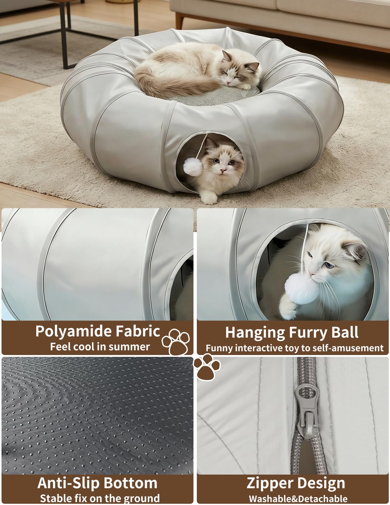 Katzentunnel, Katzenspielzeug für Wohnungskatzen, multifunktionaler Rascheltunnel & Katzenhöhle, interaktives Spielzeug mit kühlendem Stoffdesign für Kätzchen (Cool Gray)