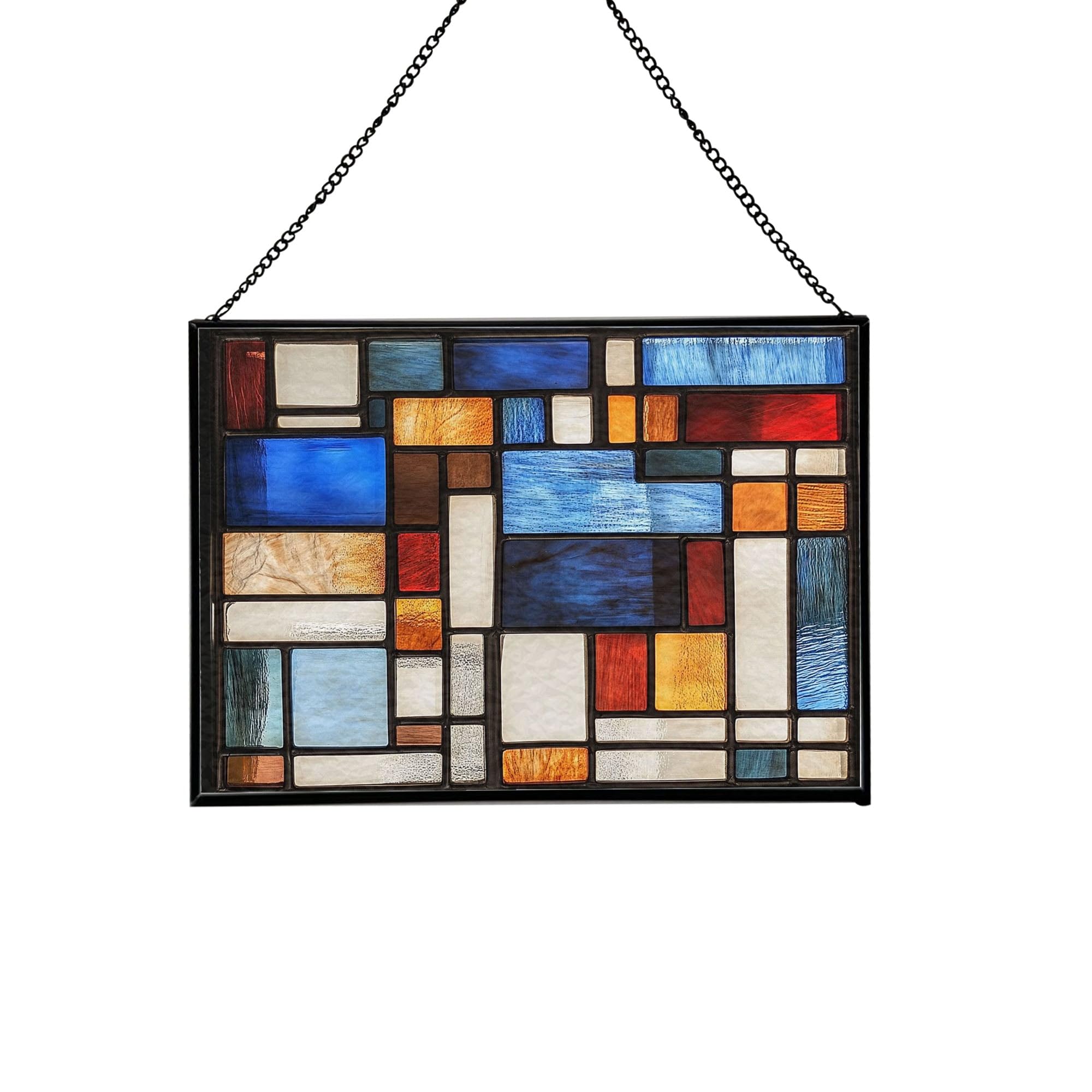 Elegant Mission Tiffany Stained Glass Window Panel, Handmade 13x9.5 Inch Rectangle Hanging Decor with Chain, Artistic Suncatcher for Home Use 91OR10
