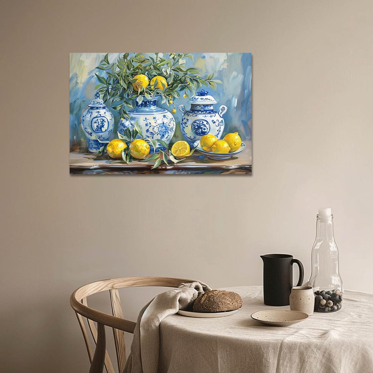 PBXBJY Lemon Canvas Prints Wall Art Citrus Fruit Picture Framed Yellow Lemon with Blue Pottery Classical Painting Artwork Rustic Farmhouse Kitchen Wall Decor (12.00" x 18.00")