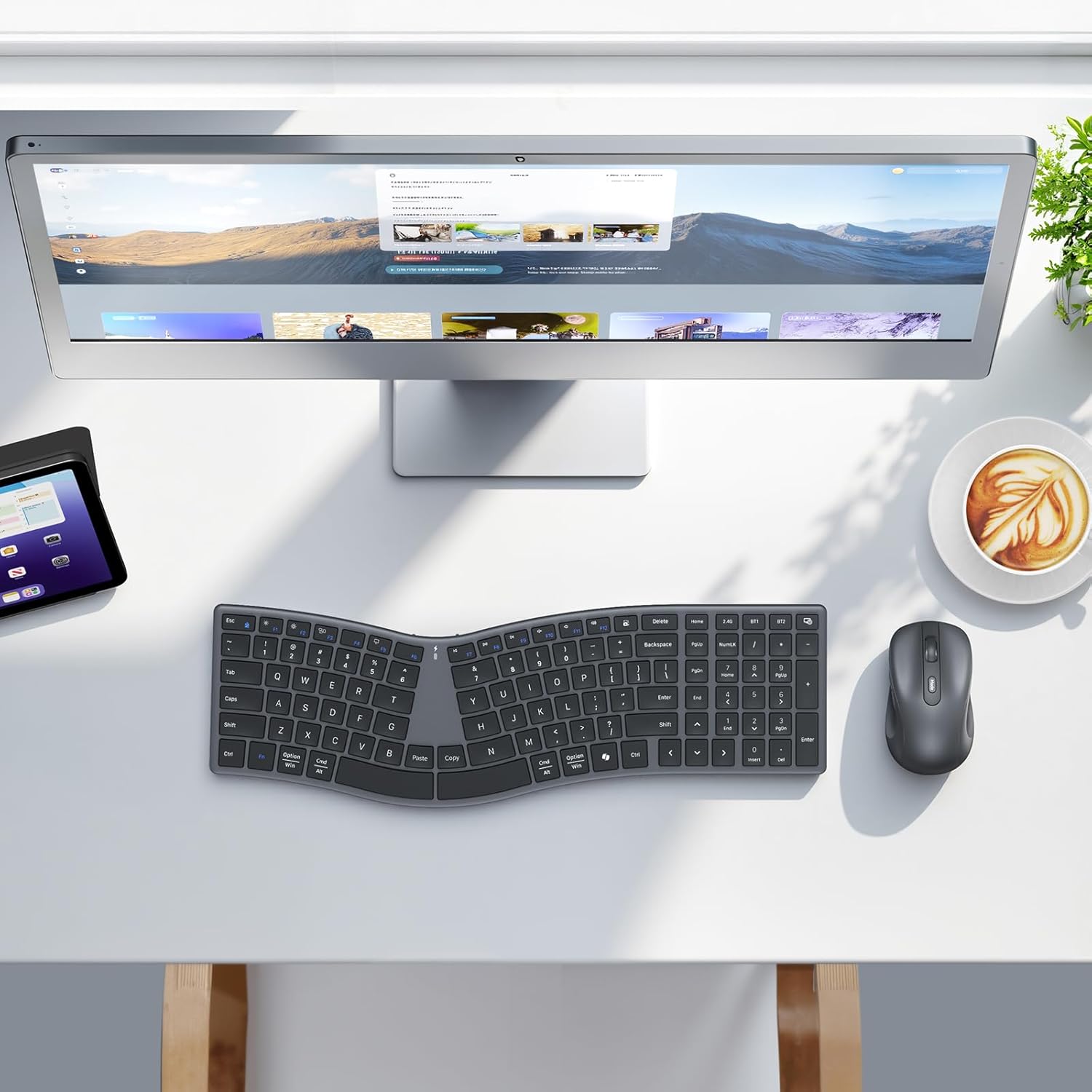 MEETION New Ergonomic Keyboard and Mouse, Director Q Split S-Curve Design, 2.4G Wireless & Dual Bluetooth, Slim Low-Profile Keys 4 DPI Mouse Rechargeable Full Size for Windows Mac PC Laptop Computer