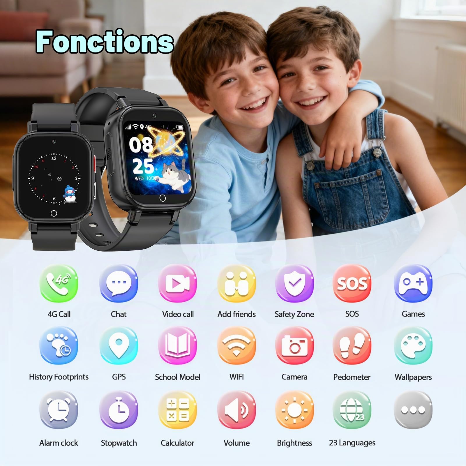Montre Connectée Enfant, Smartwatch GPS/Téléphone/Appels Vidéo/Chat Vocal | SOS/Mode École/Réveil/Appareil Photo/Podomètre, Montre Intelligente Pour Enfant Cadeau pour Garçons et Filles, Violet