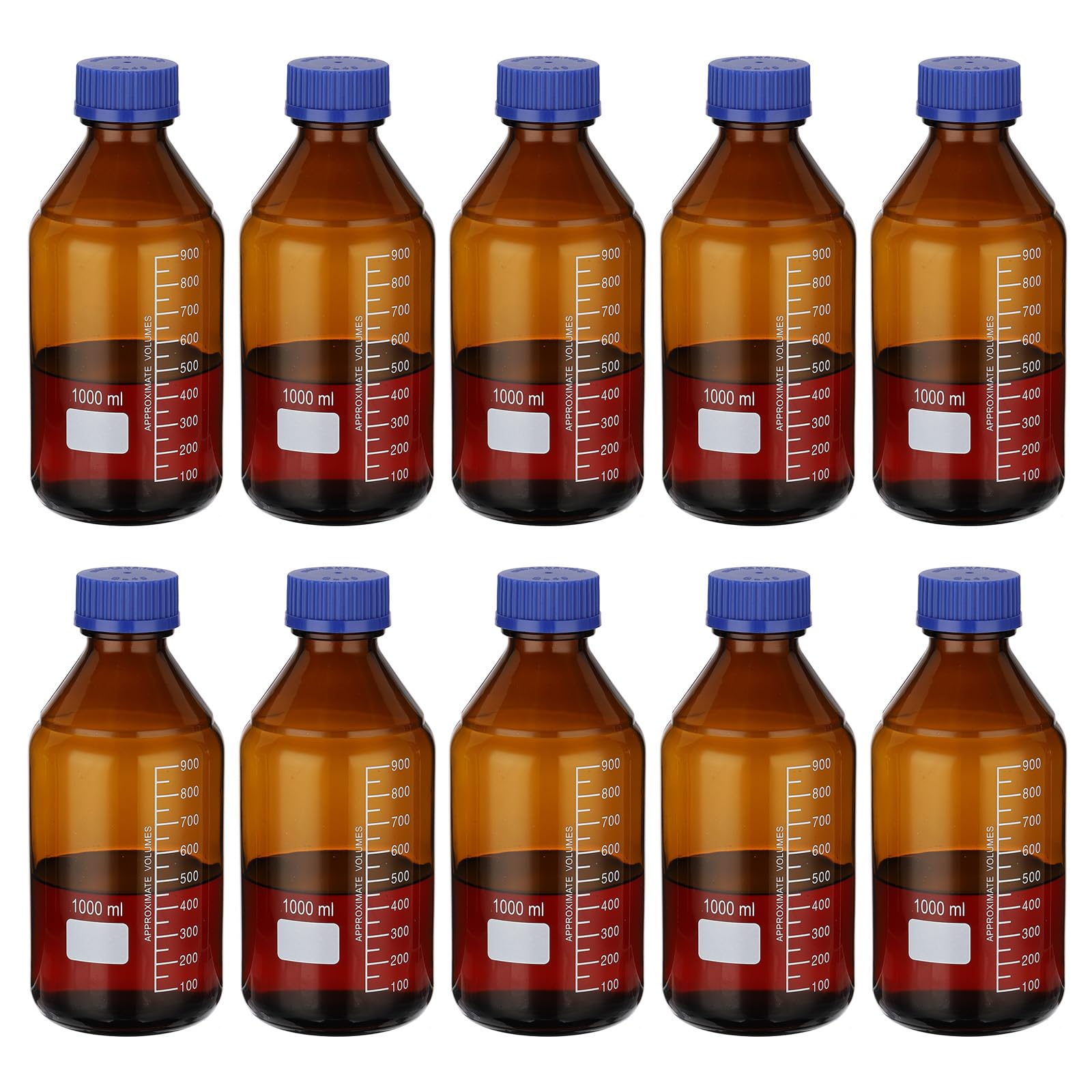 PATIKIL Confezione da 10 bottiglie rotonde per reagenti, in vetro borosilicato, graduate, con tappo a vite GL32 blu, per liquidi reagenti d'acqua di laboratorio, ambrato