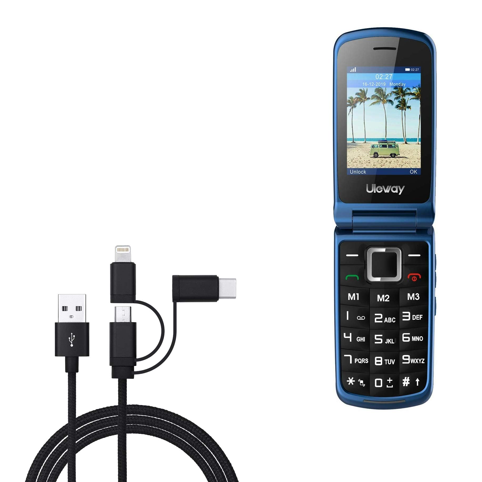 BoxWaveCable Compatible with Uleway 3G Senior Flip Phone - AllCharge 3-in-1 Cable for Uleway 3G Senior Flip Phone - Jet Black