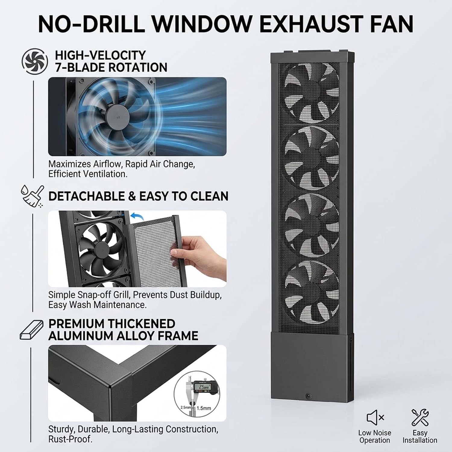 Sliding Window Fan, Black Vertical Window Exhaust Fan with Stepless Speed, 10cm Expandable Home Window Vent Fan for Bedroom, Stuffy Attics & Smoker Rooms, Tool-Free(59.45-63.39 in)