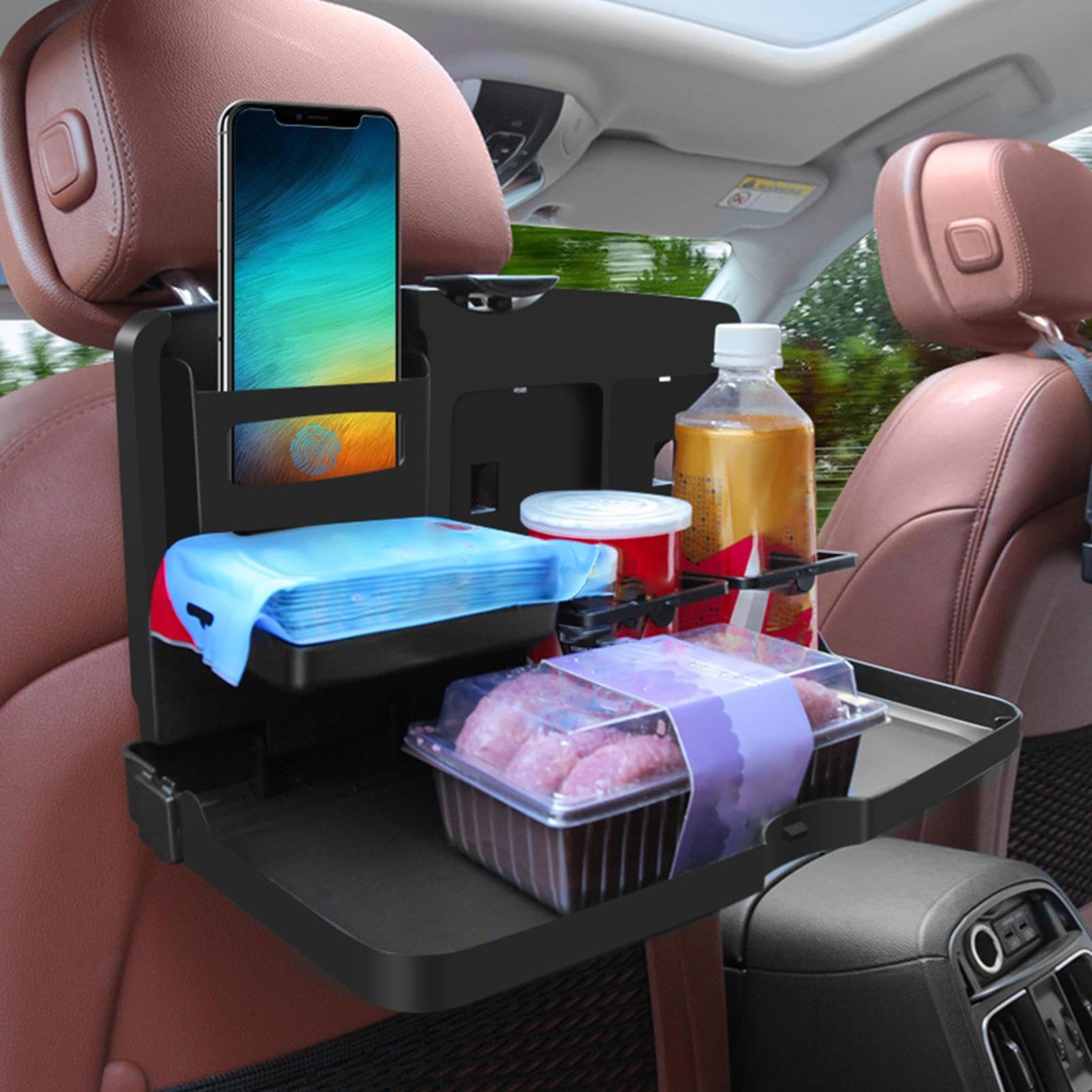 Bandeja de asiento trasero de coche – Tableta plegable para coche, bandeja compacta | Soporte para comida plegable, soporte para taza fija con almacenamiento multifuncional utilizado durante viajes