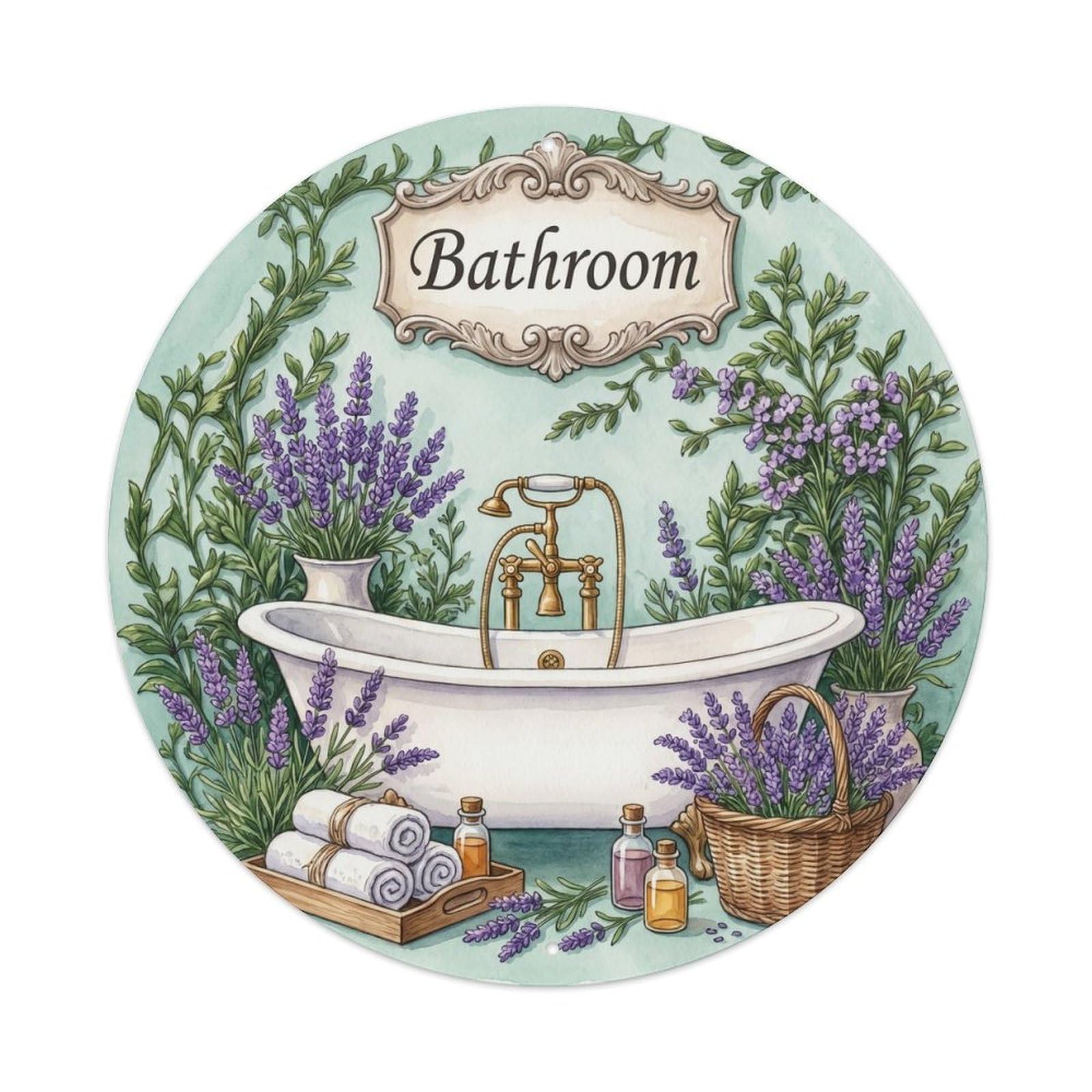 Yrnq Vintage Style Bathroom Lavender Vintage Spa Vintage Metal Tin Sign Plaque Wall Decor For Cafe, Club, Garden Round Metal Poster 8X8inch