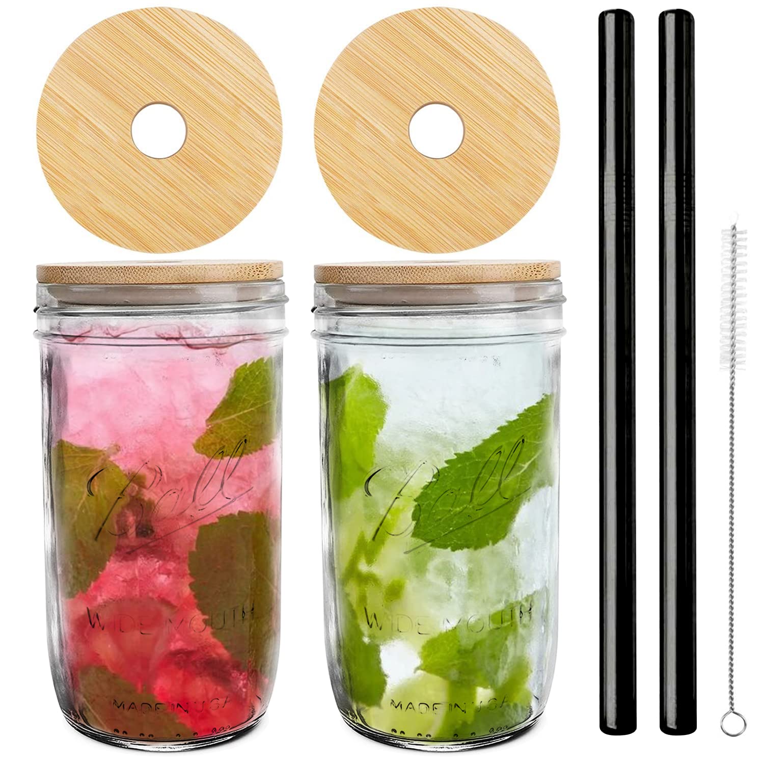 Buy 2 Pack Wide Mason Jar Cups with Lids Black Straws Reusable 24 OZ