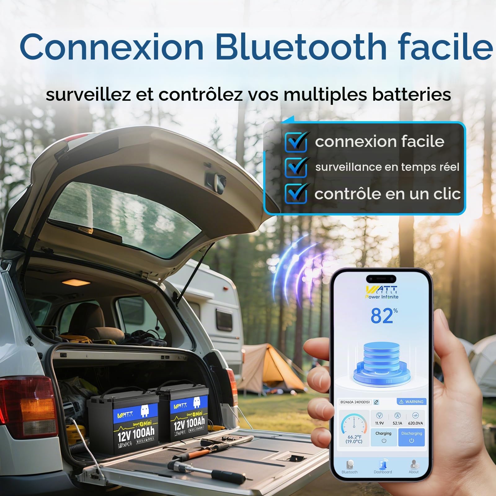 Wattcycle Batterie Lithium 12V 100Ah Mini Bluetooth,12V LiFePO4 1280Wh