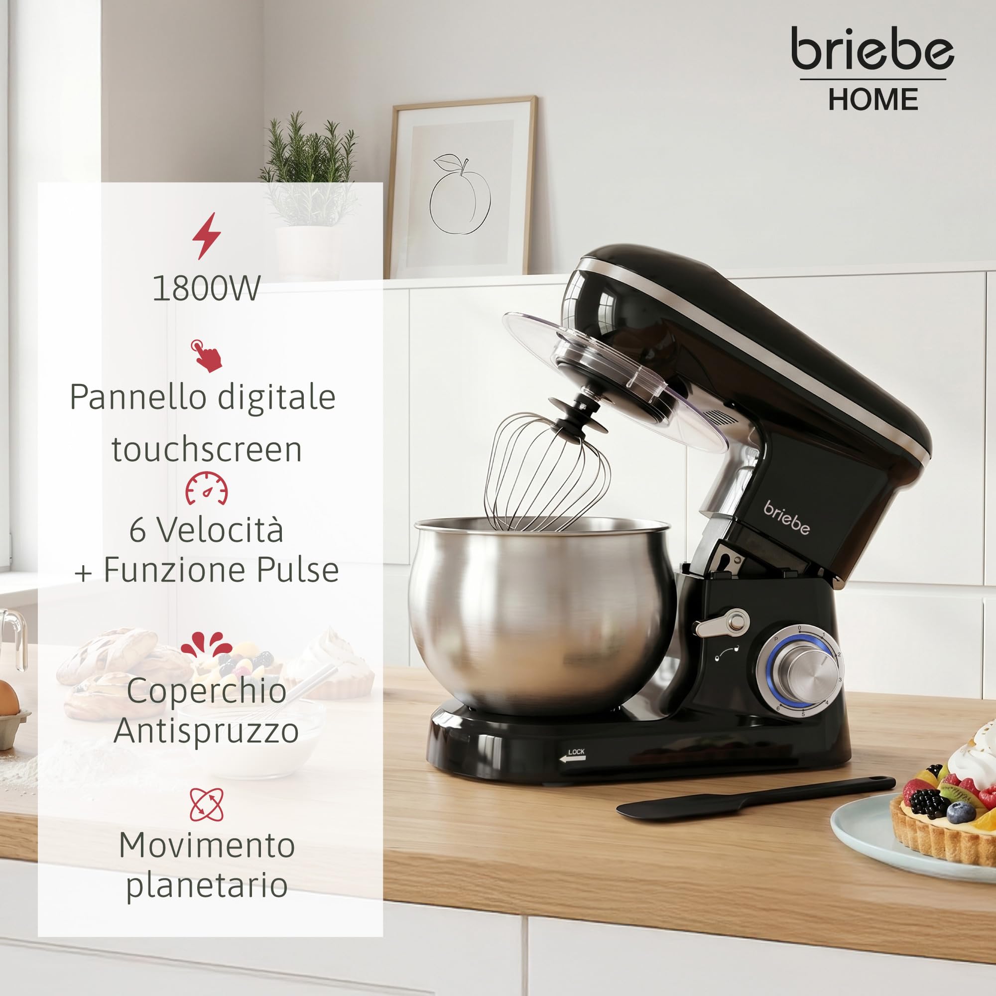 briebe Impastatrice Planetaria Professionale per Pasticceria 1800W MAX Robot da Cucina Orbitale, Frusta, Ciotola 5 L, 6 Velocità + Funzione Pulse, Schermo Touch LED, KM1164