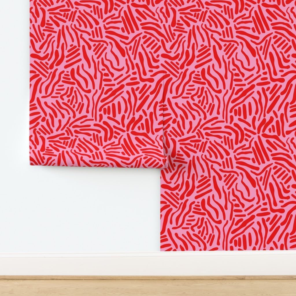 Peel & Stick Wallpaper 6ft x 2ft - Abstract Shapes,Lines,Modern Animal Print,Red Pink Stripes,Tiger Stripe Custom Removable Wallpaper by Spoonflower
