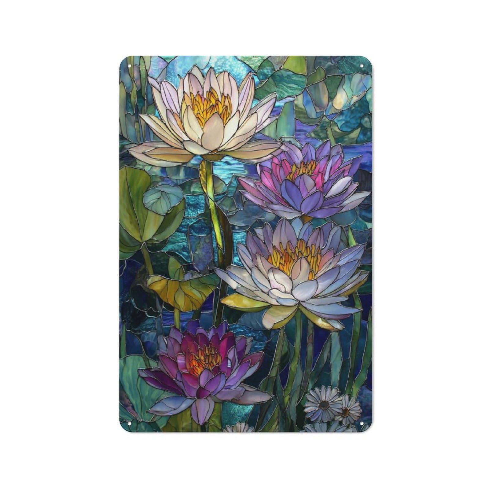 Junmoney Stained Glass Lotus Art-1 Printed Metal Sign 30X20cm For Pub Or Café, With Clear Industrial Wall Decor Character