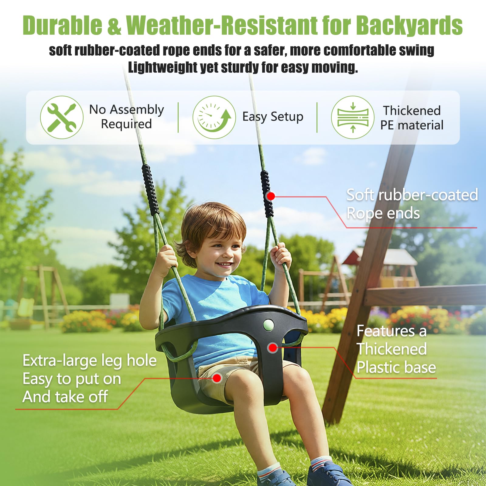 Columpio para bebé, columpio para exteriores, respaldo alto, carcasa de plástico, asiento con cuerda ajustable de 1,3 – 2 m y 2 mosquetones, columpio de jardín para niños que crece en crecimiento