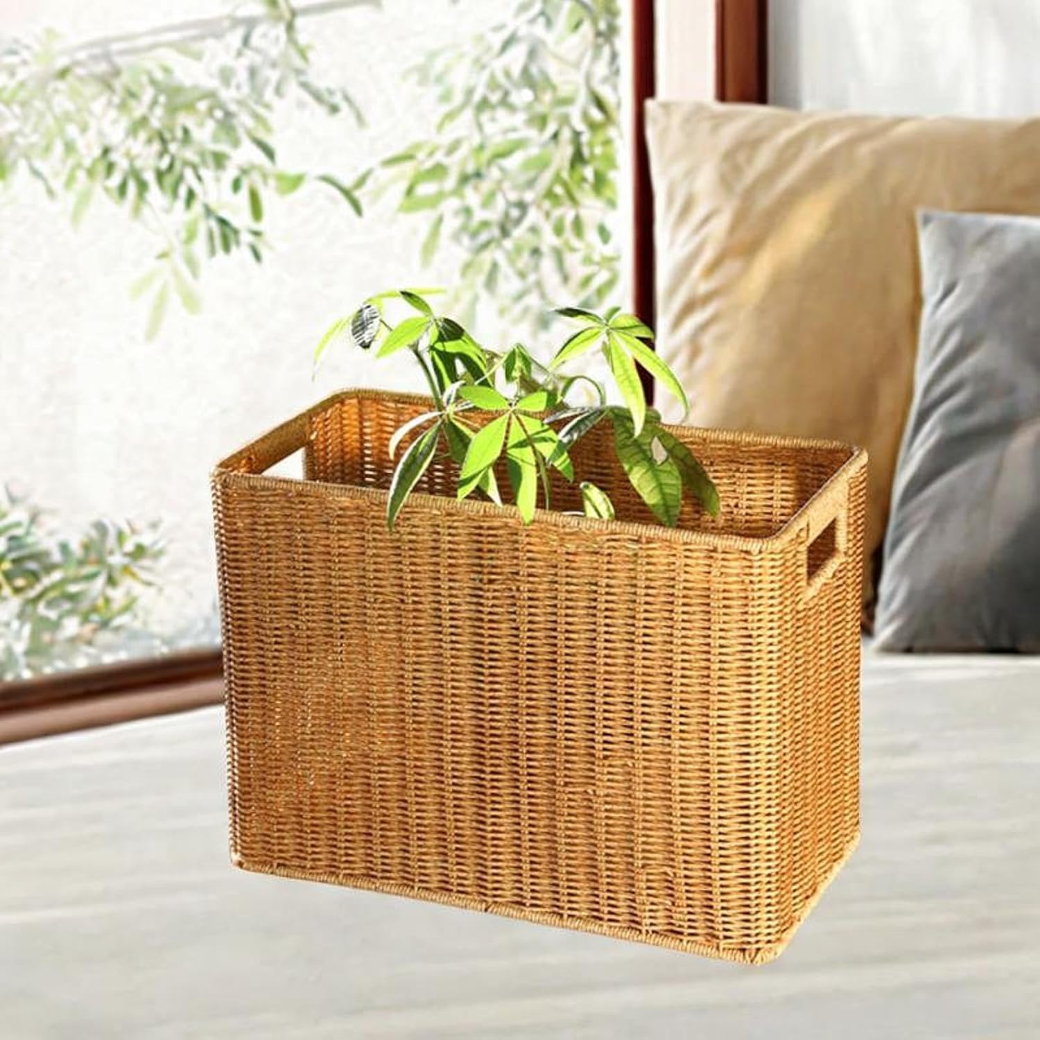 Imitation Rattan Basket Woven Basket Portable Lightweight Newspaper Basket Cabinet Storage Basket for Laundry Room, S