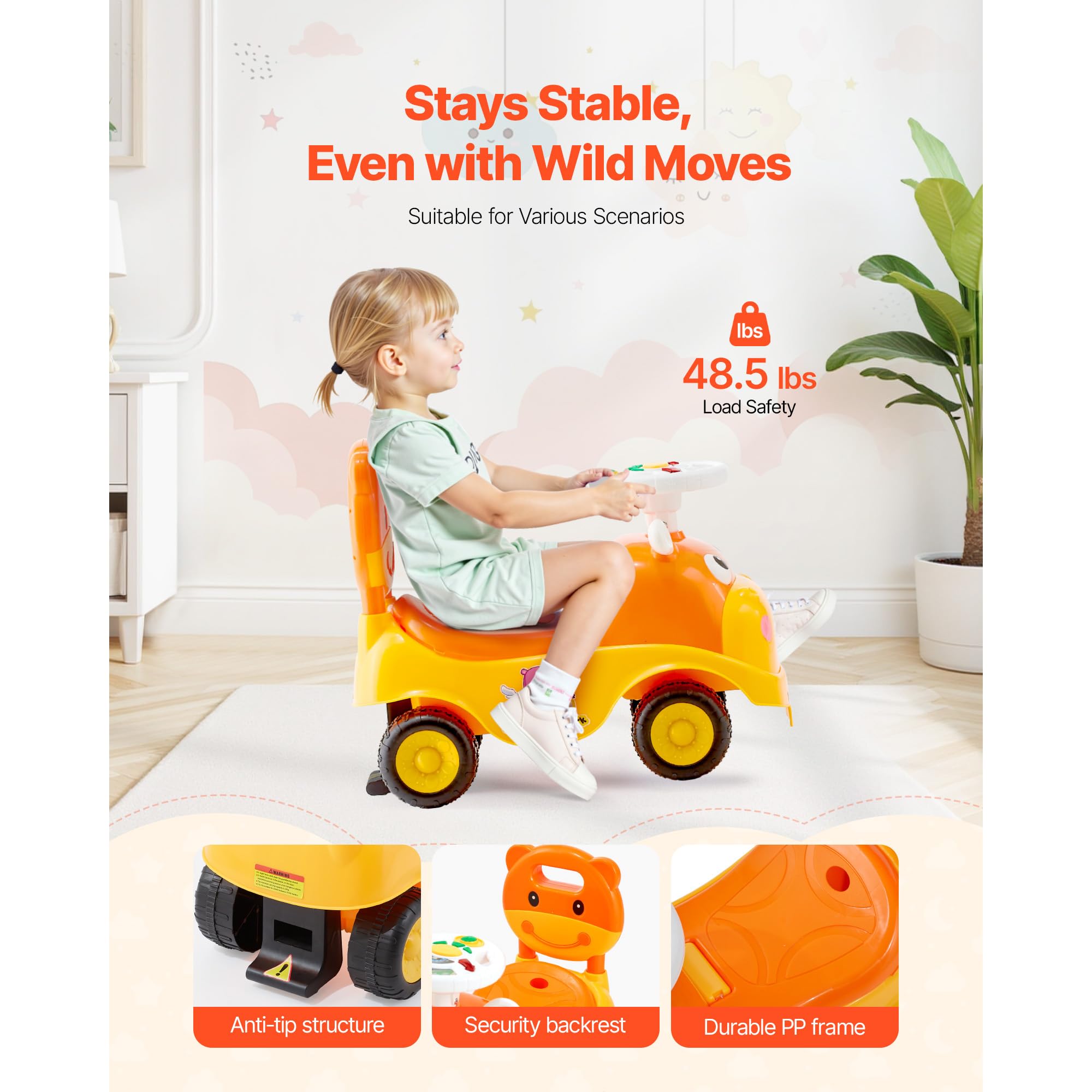 Uargd Ride-On Push Car, Ride-On Toy with Horn and Music, 48.5 lbs Weight Capacity, Under-Seat Storage, Foot-to-Floor Walker — view 4
