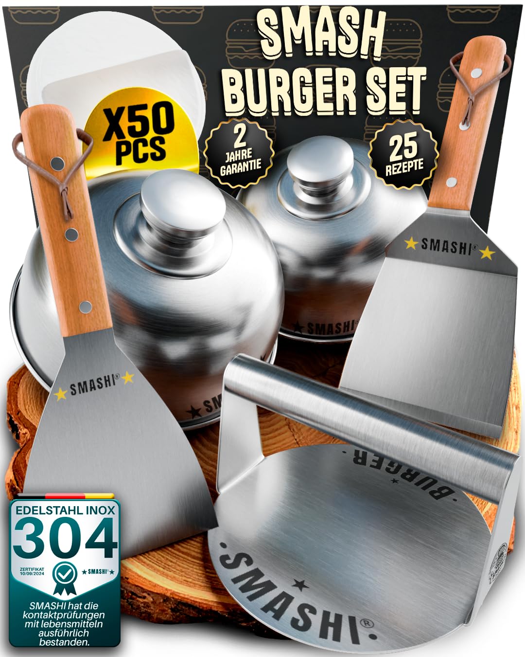 SMASHI® Smash Burger Set mit Holzgriffen – Grillzubehör aus Edelstahl 304 Burgerpresse, 2 Spachteln & 2 Burgerglockes – Inklusive 25 Rezepte (PROFESSIONELLE)