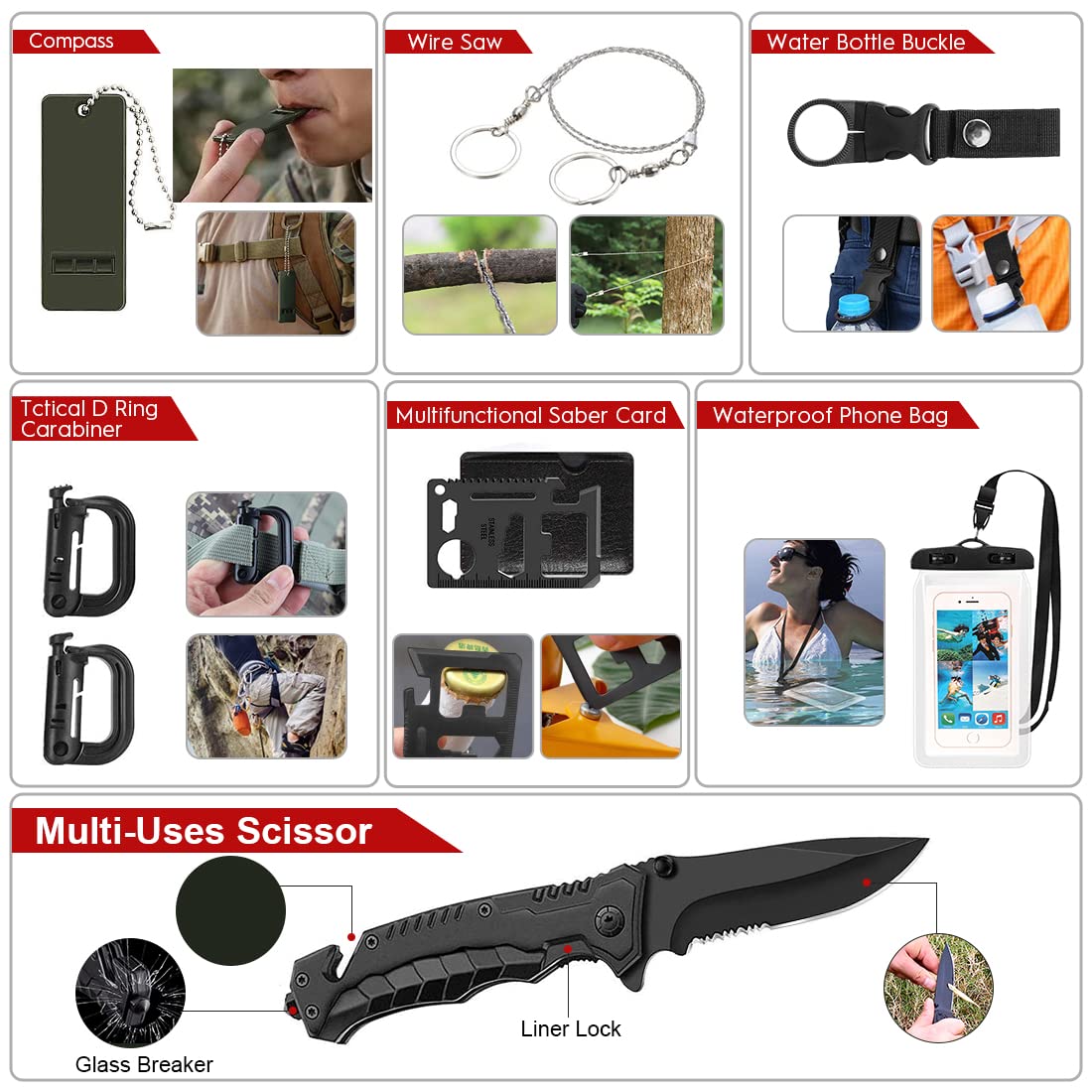 Kits de supervivencia, 222 piezas de equipo de supervivencia de emergencia, kits de primeros auxilios con sistema Molle, bolsa compatible, equipo de campamento al aire libre, kits de emergencia para