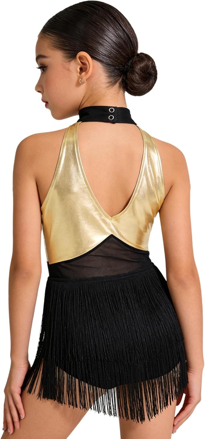JEATHA Figure Ice Skating Dress for Girls Sleeveless Sequin Fringe Leotard Dress Latin Jazz Dance Costume