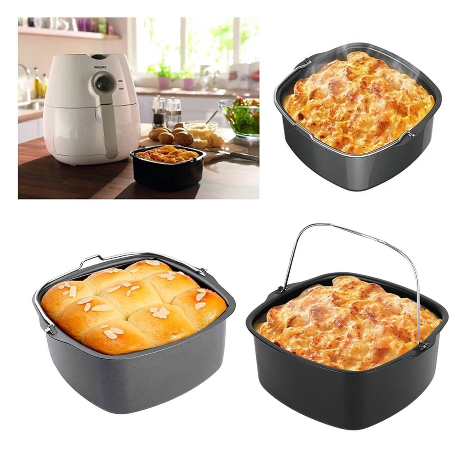 Backblech Nicht-Stick Kuchen Backblech Korb Airfryer for Backen Schüssel Pfanne Air Friteuse Zubehör Backen Korb Pizza Platte Gericht Topf Backformen(7 inch 16.5cm Tray)