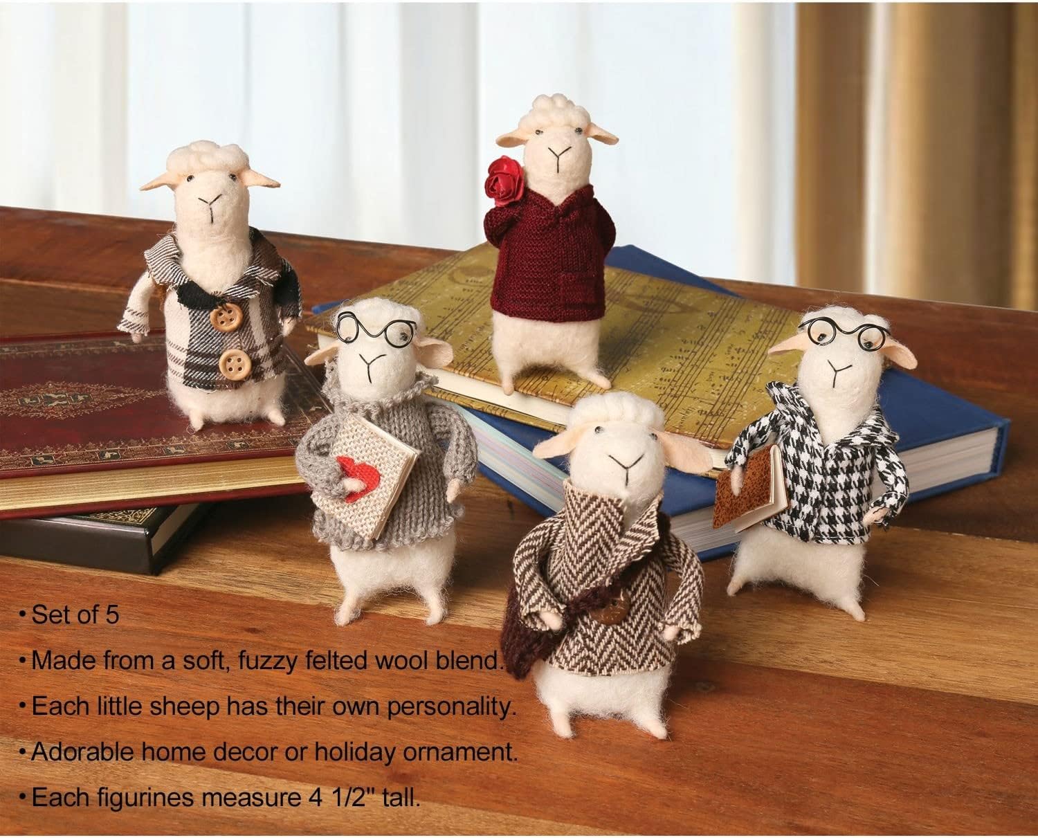 CATALOG CLASSICS Felted Wool Sheep Decor - 5 Piece Little Sheep in Clothes Decorative Figurines - Cute Lamb Ornament Set