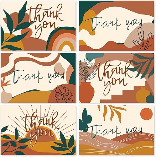 Tarjetas de agradecimiento bohemias a granel, paquete de 36 notas de agradecimiento bohemias con sobres, calcomanías abstractas, arco iris, sol,