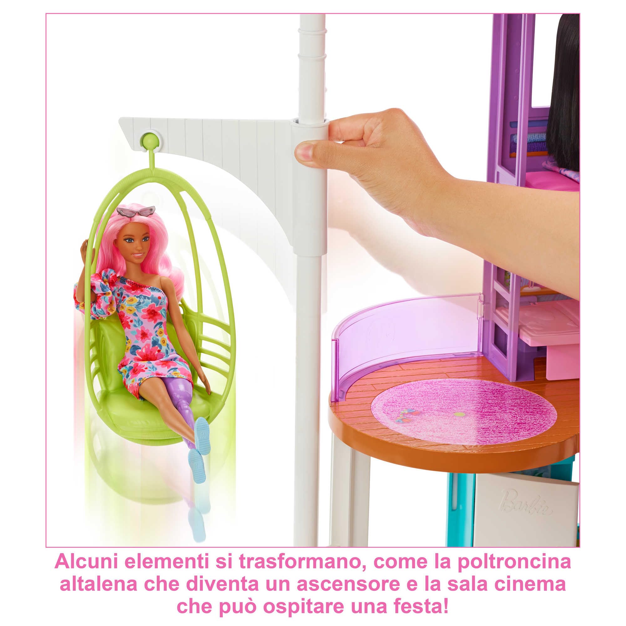 Barbie - Casa di Malibu (106 cm) playset casa delle bambole con 2 piani, 6 stanze, ascensore altalena e più di 30 pezzi, Giocattolo per Bambini 3+ Anni, HCD50