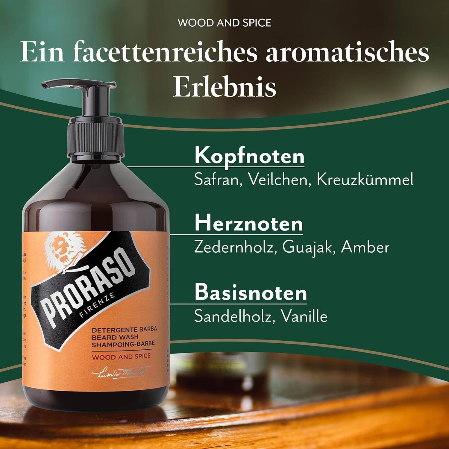 Proraso Beard Wash Wood & Spice, 500ml, duftendes Bartshampoo reinigt, pflegt und erfrischt Bart & Haut, Waschgel entfernt Verunreinigungen sanft, Made in Italy