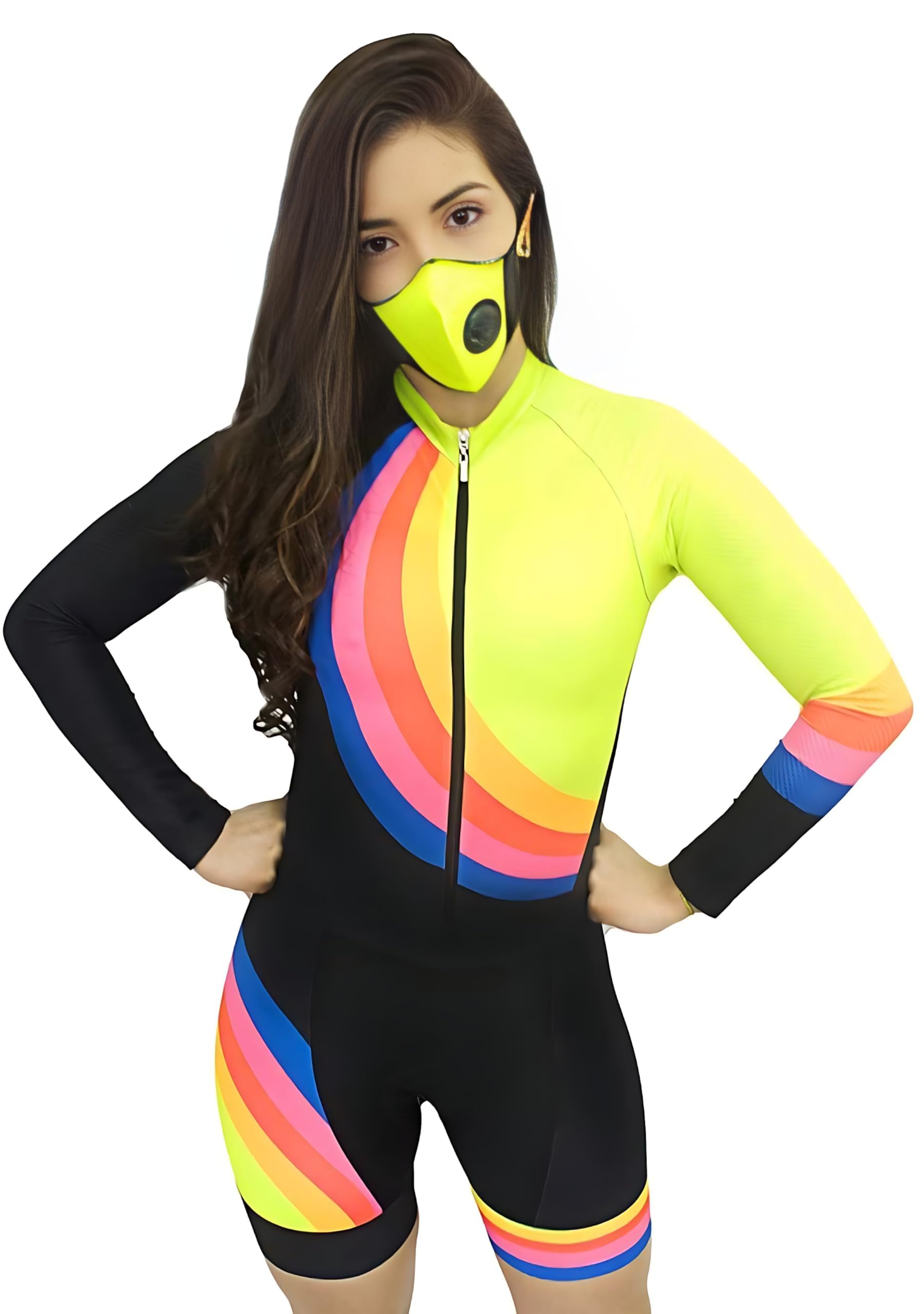 Tuta da triathlon a maniche lunghe da donna, con motivo patchwork 3D giallo XS-3XL