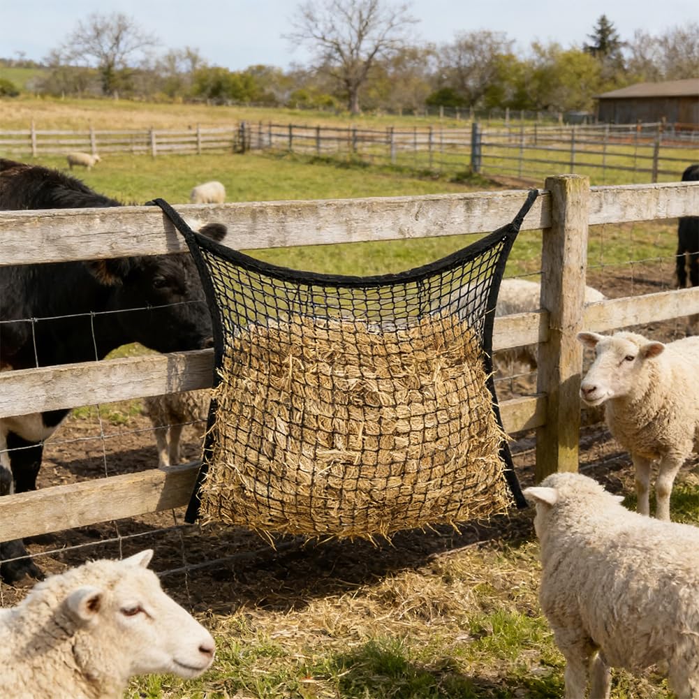 Siatka na siano dla koni, 2 sztuki, worek na siano dla koni, duża 80 x 90 cm, siatka na siano z 4 karabińczykami, kieszeń na siano 8 kg, siatka na siano dla koni, wąskich oczek, karmnik slow siano dla