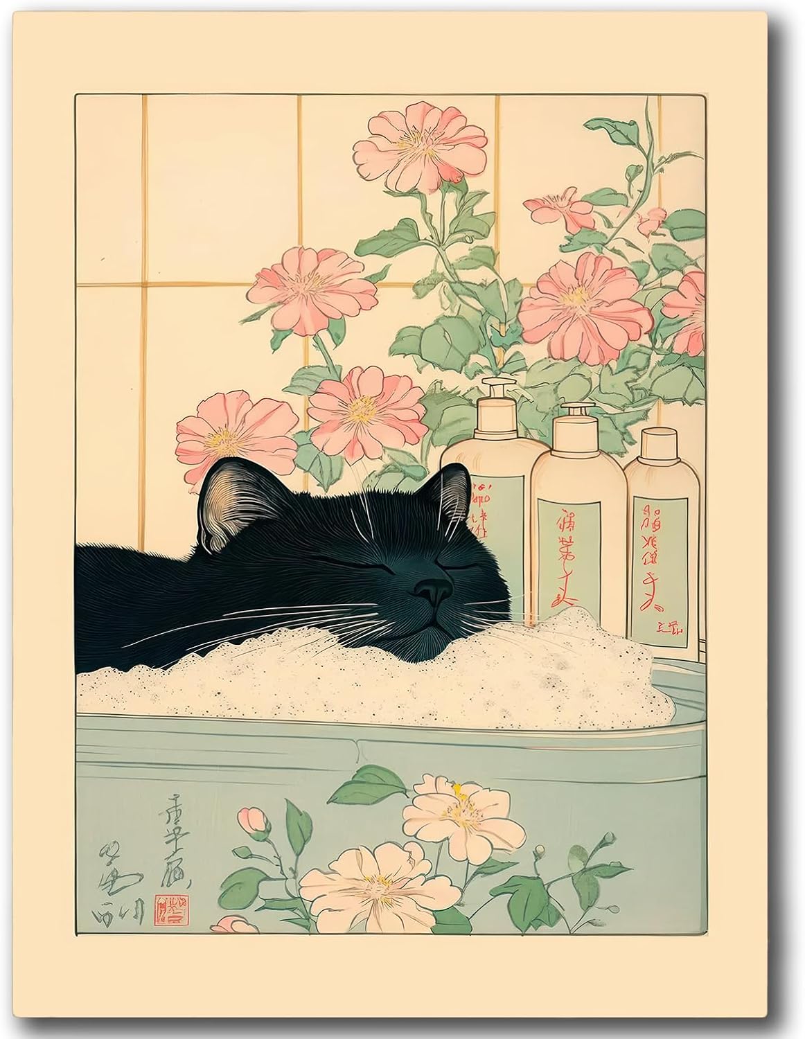 UCRAASDEB Framed Funny Black Cat In The Bathtub Canvas Wall Art, Japanese Cute Animal Take Bath Wall Decor, Aesthetic Minimalism Painting Picture Print Decor for Bathroom Restroom 24"x16"