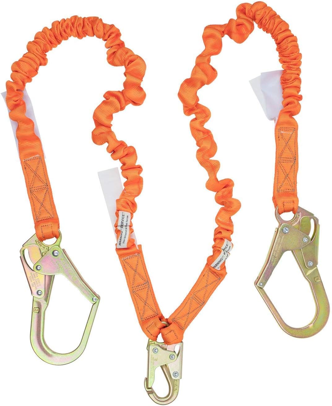 4.5' to 6' Fall Protection Double Leg Stretch Internal Shock Absorbing Lanyard with 1 Steel Snap Hook and 2 Rebar Hooks, OSHA/ANSI Compliant