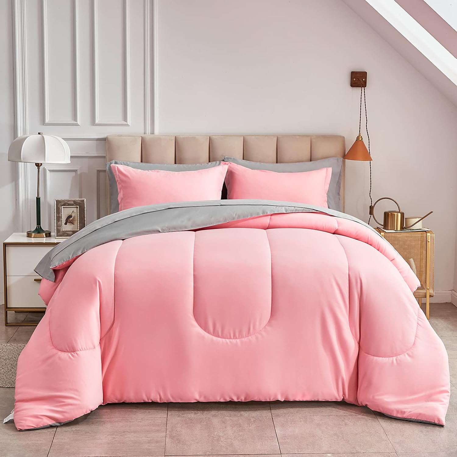 King Pink Comforter Set Bed in a Bag with Gray Sheet Set Reversible Soft - 1 Comforter, 2 Pillow Shams, 1 Flat Sheet, 1 Fitted Sheet, 2 Pillowcases - 7 Pieces Bedding Set