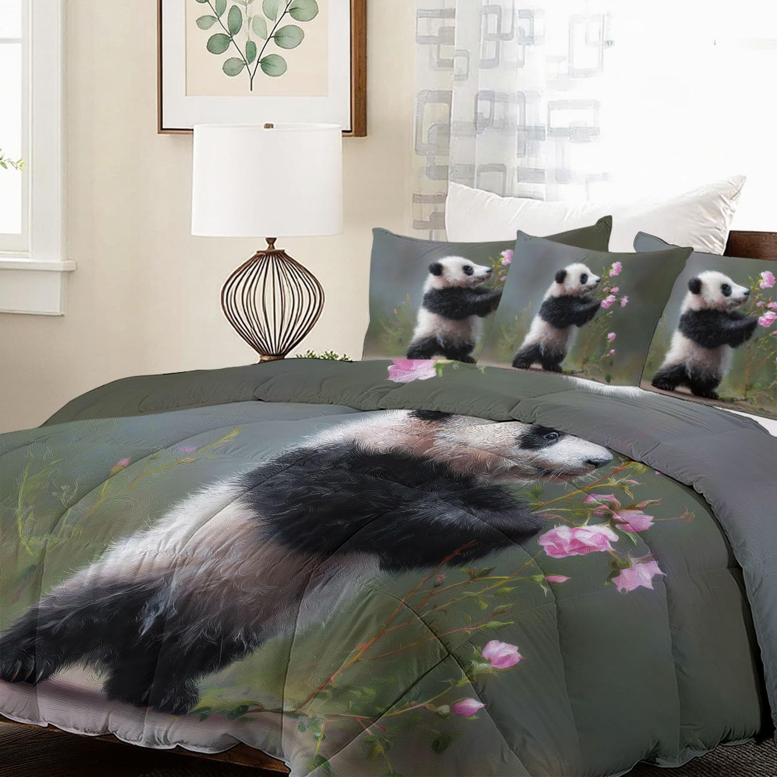 Kołdra z kreskówek zwierzęcych 4 pory roku 240 x 260 cm, ciepła kołdra, lekka kołdra dla nastolatków i dorosłych, Panda Kwiaty Piwonie Rośliny Gałązki Liście Kołdra bez poszwy i 2 poszewki na poduszki