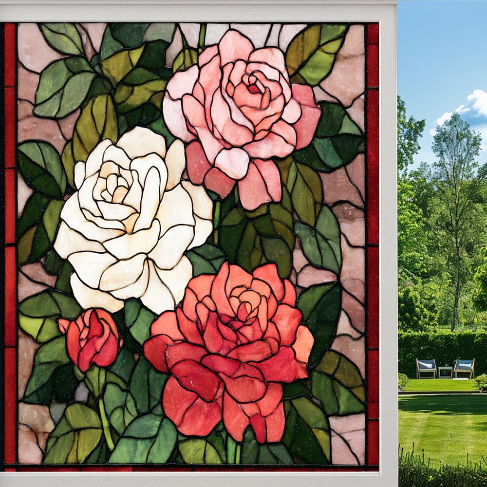Abstract Roses Frosted Window Film, Rural Natural Flower Plant Stained Glass Privacy Film, Heat Insulation Self-Adhesive Vinyl for Bathroom Office, （70x100cm）