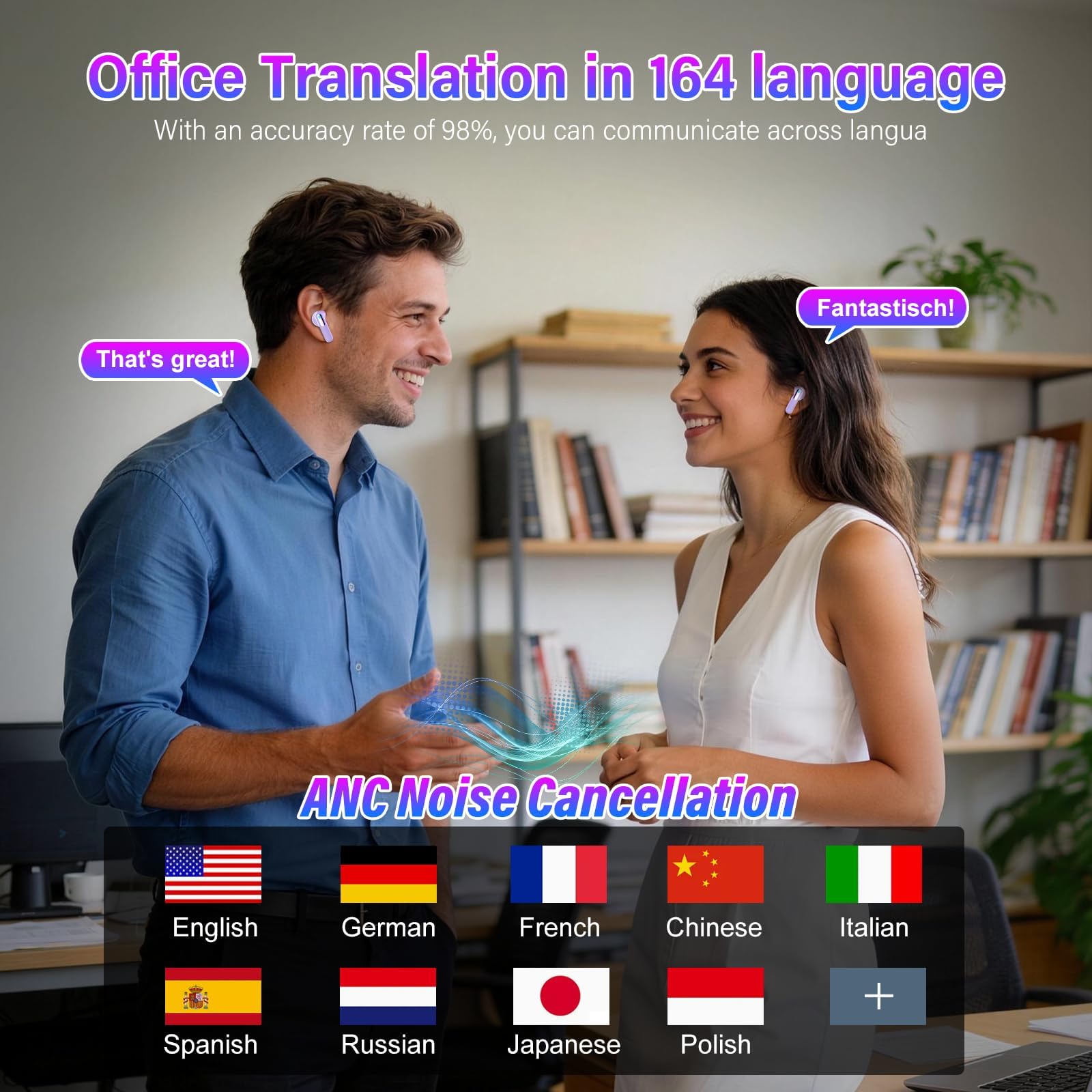 AI Auriculares Traductor en Tiempo Real con Pantalla Táctil LED, 3 en 1 Auriculares Traductores de Idiomas, 6 Modos Traducción con 164 Idiomas, Reducción de Ruido ANC+ENC, 5 Modos EQ, 48H, Púrpura