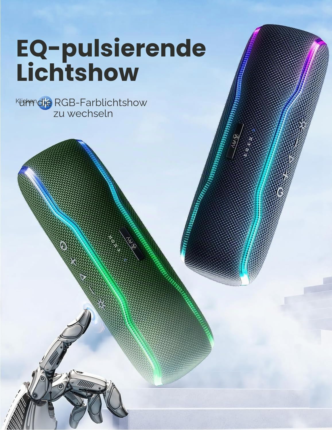 AY Bluetooth Lautsprecher Musikbox Tragbarer IPX7 Wasserdicht Bluetooth Box mit Bunten Licht und Satten Bässen, Stereo-Pairing, Eingebautes Mikrofon, 24h Akku, Perfekt für Zuhause, Draußen