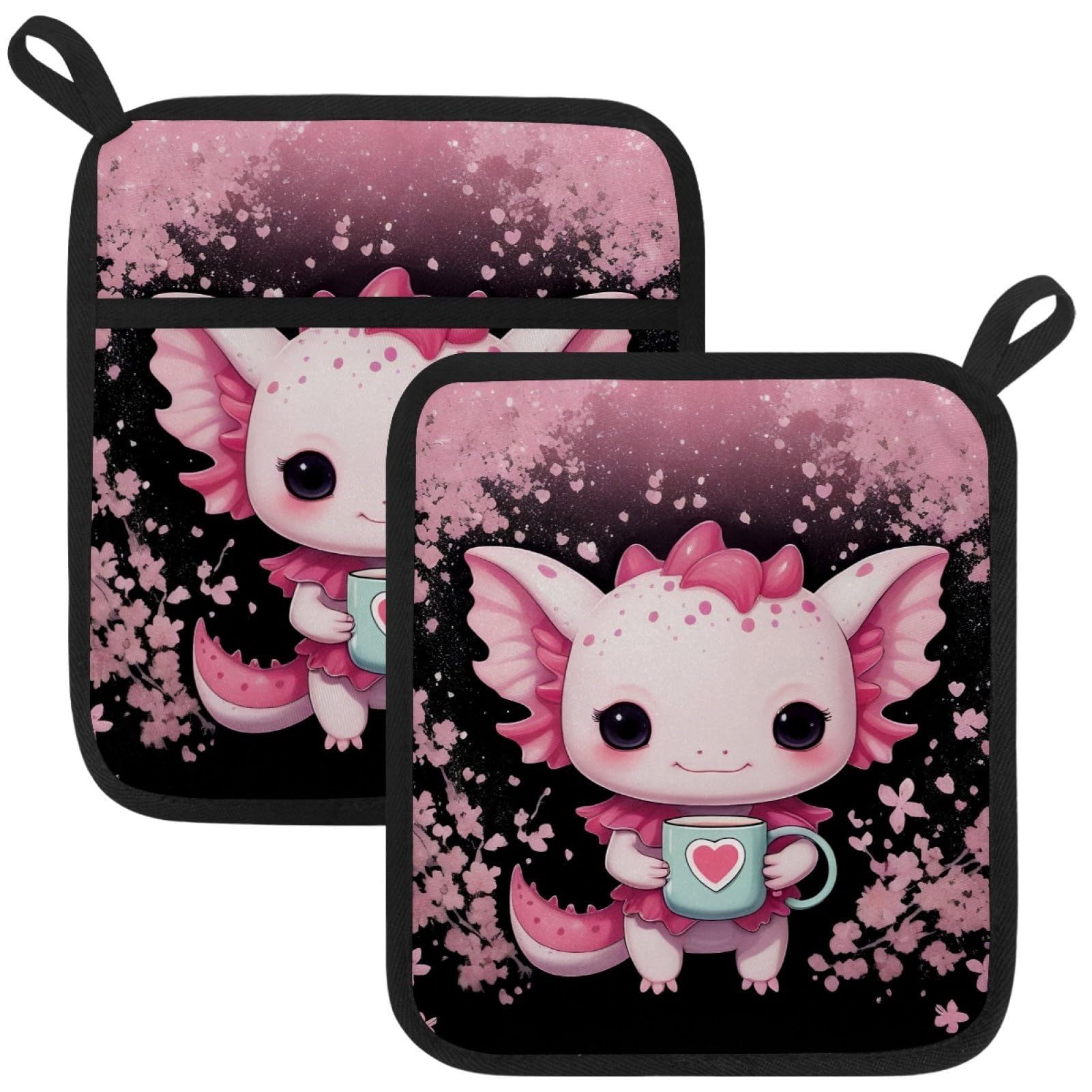 VAPOKF Pink Axolotl Pot Holders with Pocket for Kitchen Heat Resistant Potholders Large Polyester-Cotton Square Oven Mitts Set