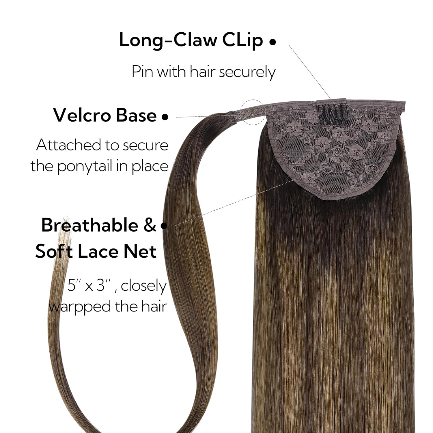 HOTBANANA Ponytail Extension, 16 Inch Human Hair Clip in Wrap Around Ponytail Hair Piece Dark Brown to Chestnut Brown Long Straight Remy Human Hair Extension 80g