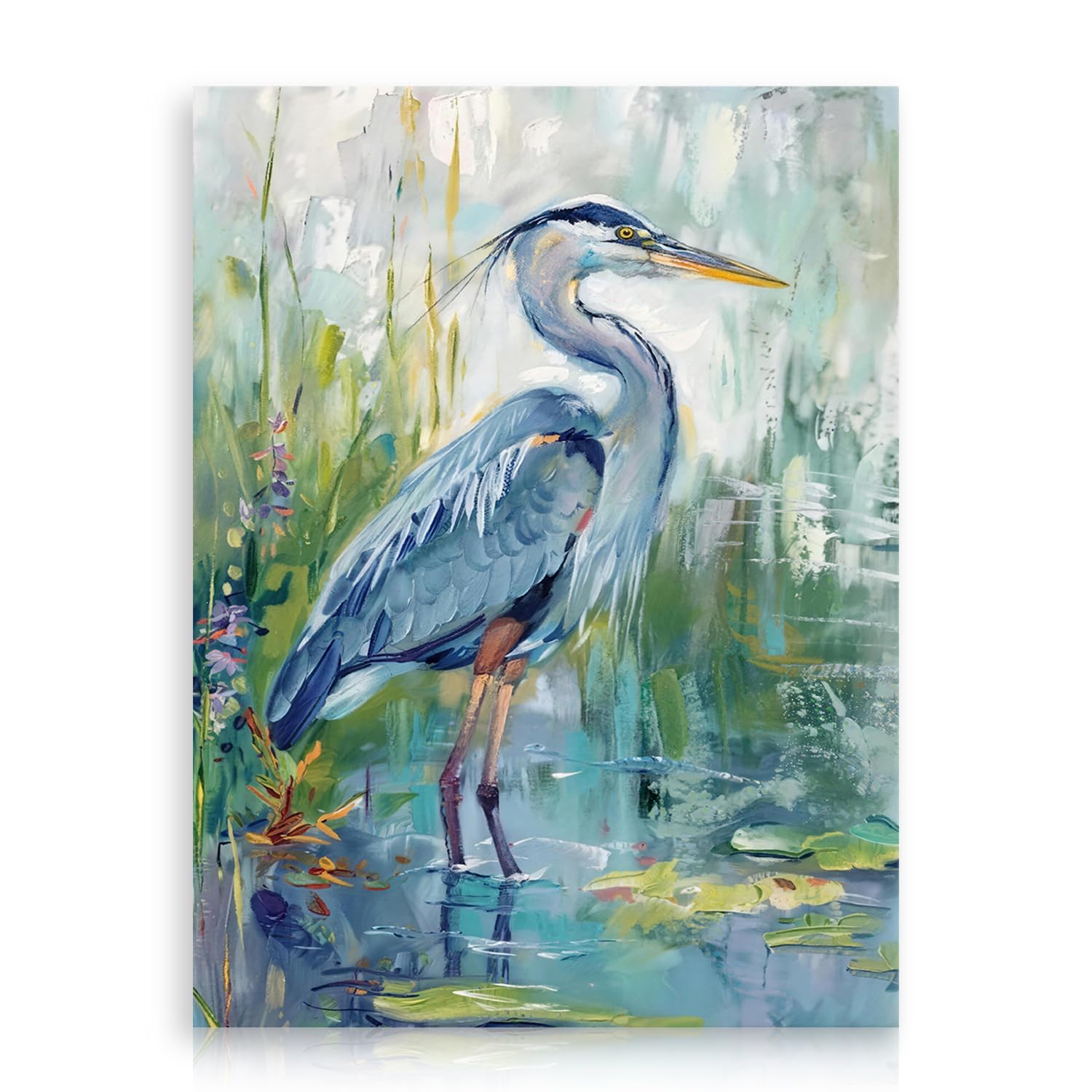 Dazzlewall Impressionist Oil Painting Wall Art, Blue Heron in Wetland Watercolor Canvas Print for Bathroom Living Room Decor 12x16 in Unframed