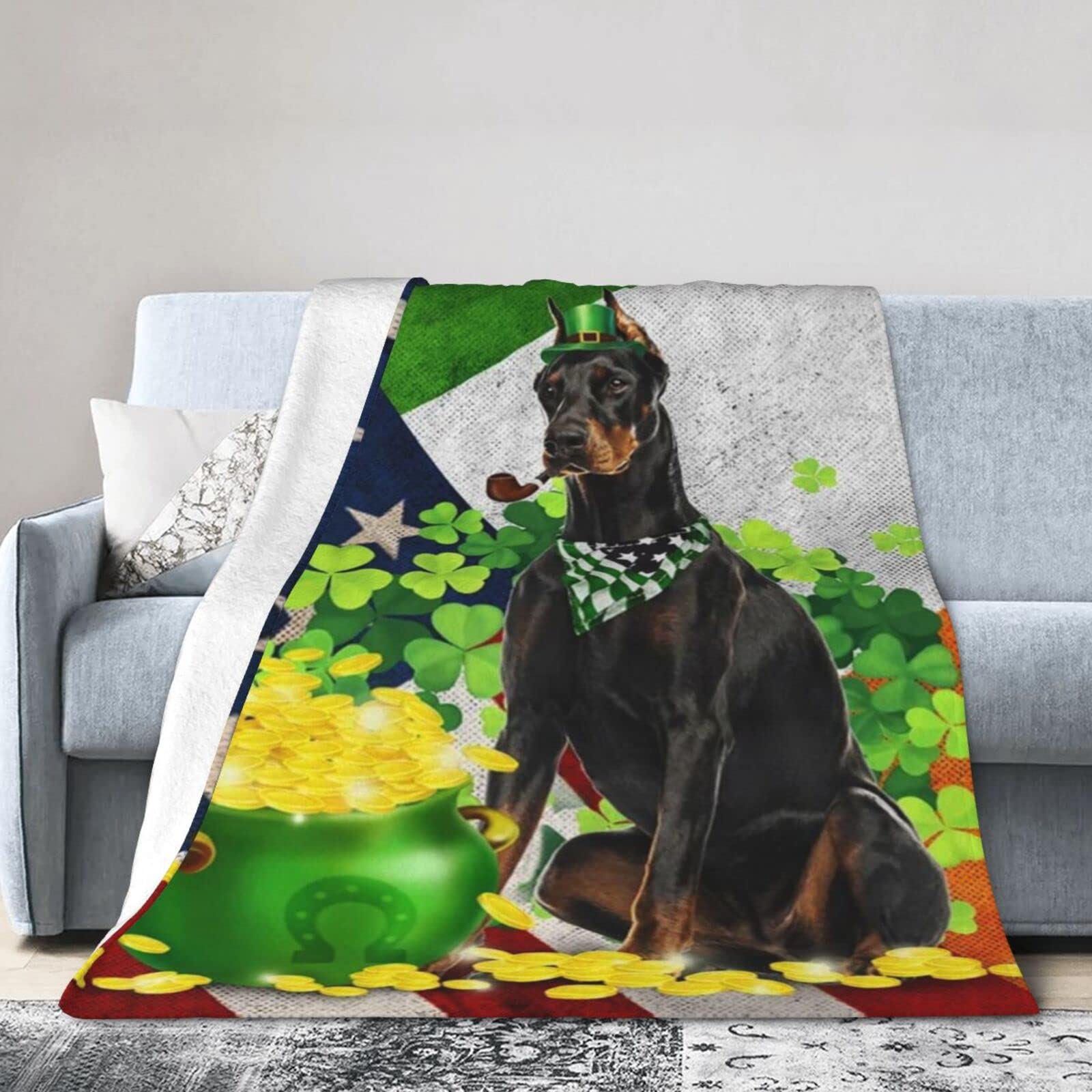 Lsjuee Flannel Fleece Blanket 80"X60" Doberman – Happy St. Patrick Day Sofa Throw Blanket Quality Ultra-Soft Travel Spring Blankets for Adult Keep Warm