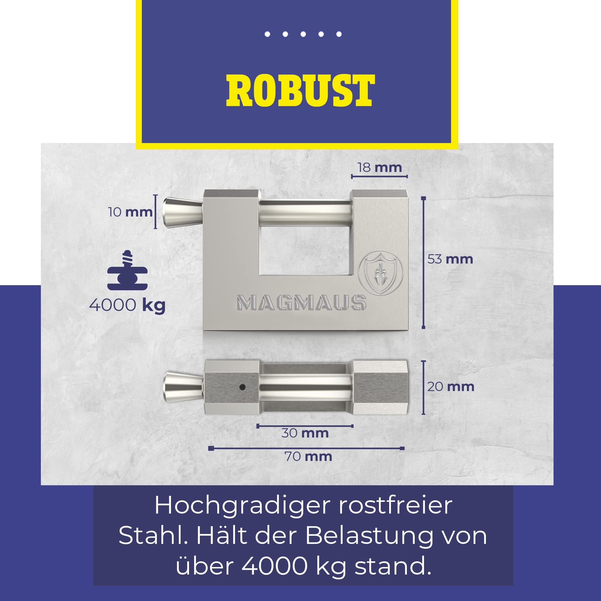 Magmaus® RTL70 Schwerlast Wetterfestes Vorhängeschloss mit 3 Schlüssel - 10 mm Schnittfester Bügel, Anti-Bohr Zylinder, Edelstahl & Rostfrei | Sicherheitsschloss für Schuppen, Tor, Container, Garage